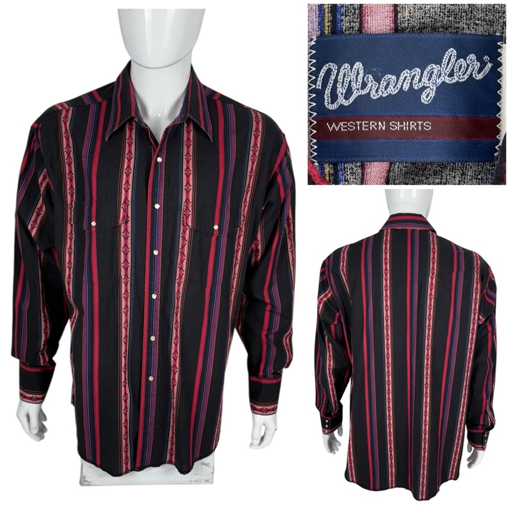 Wrangler Mens XL Western Shirt Pearl Snap Aztec Striped Vintage 90s 100% Cotton